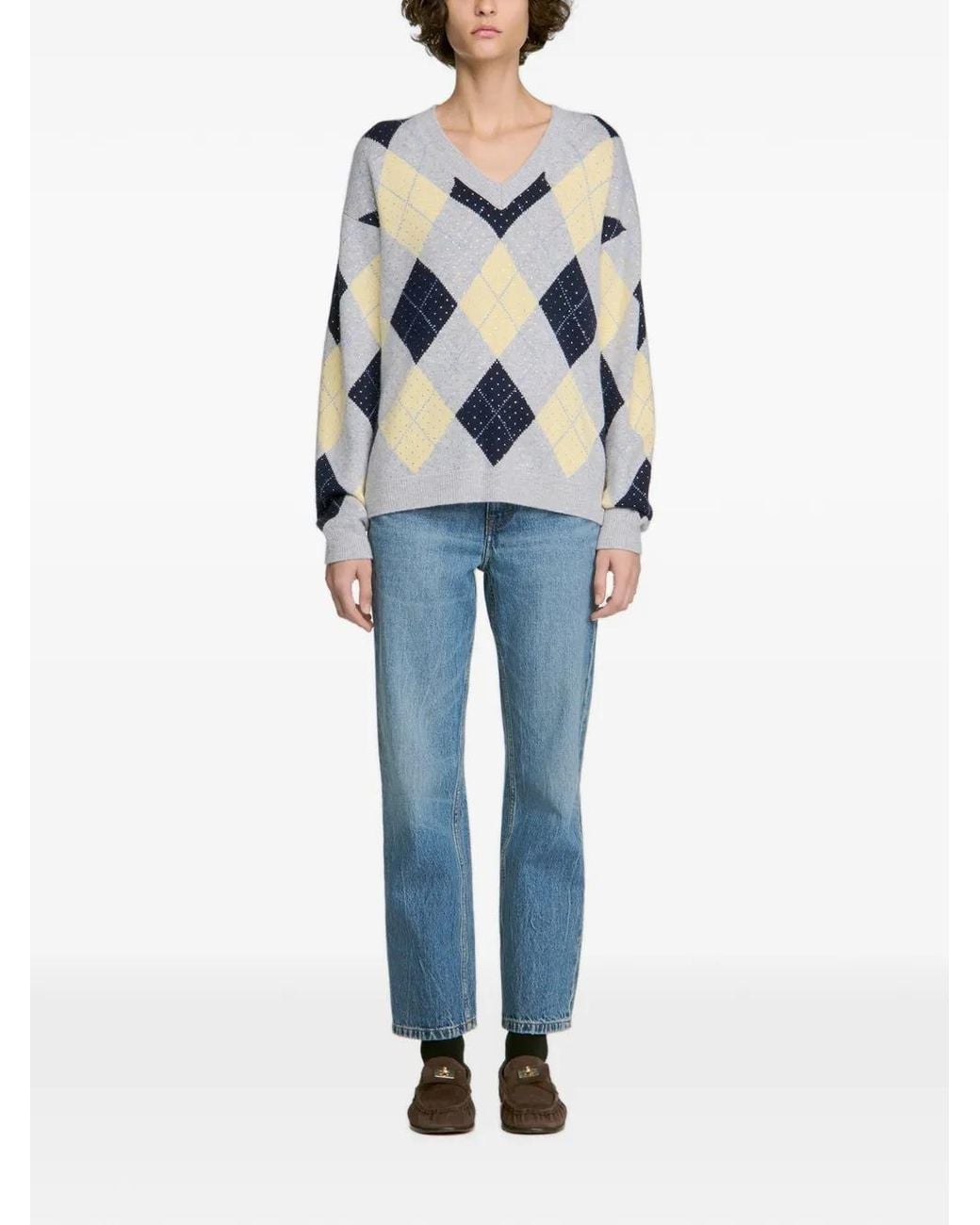 Sandro White Argyle-Pattern Wool Sweater