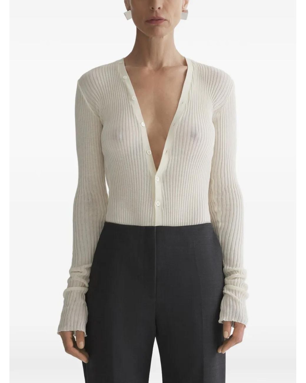Mugler Gray V-Neck Ribbed Top