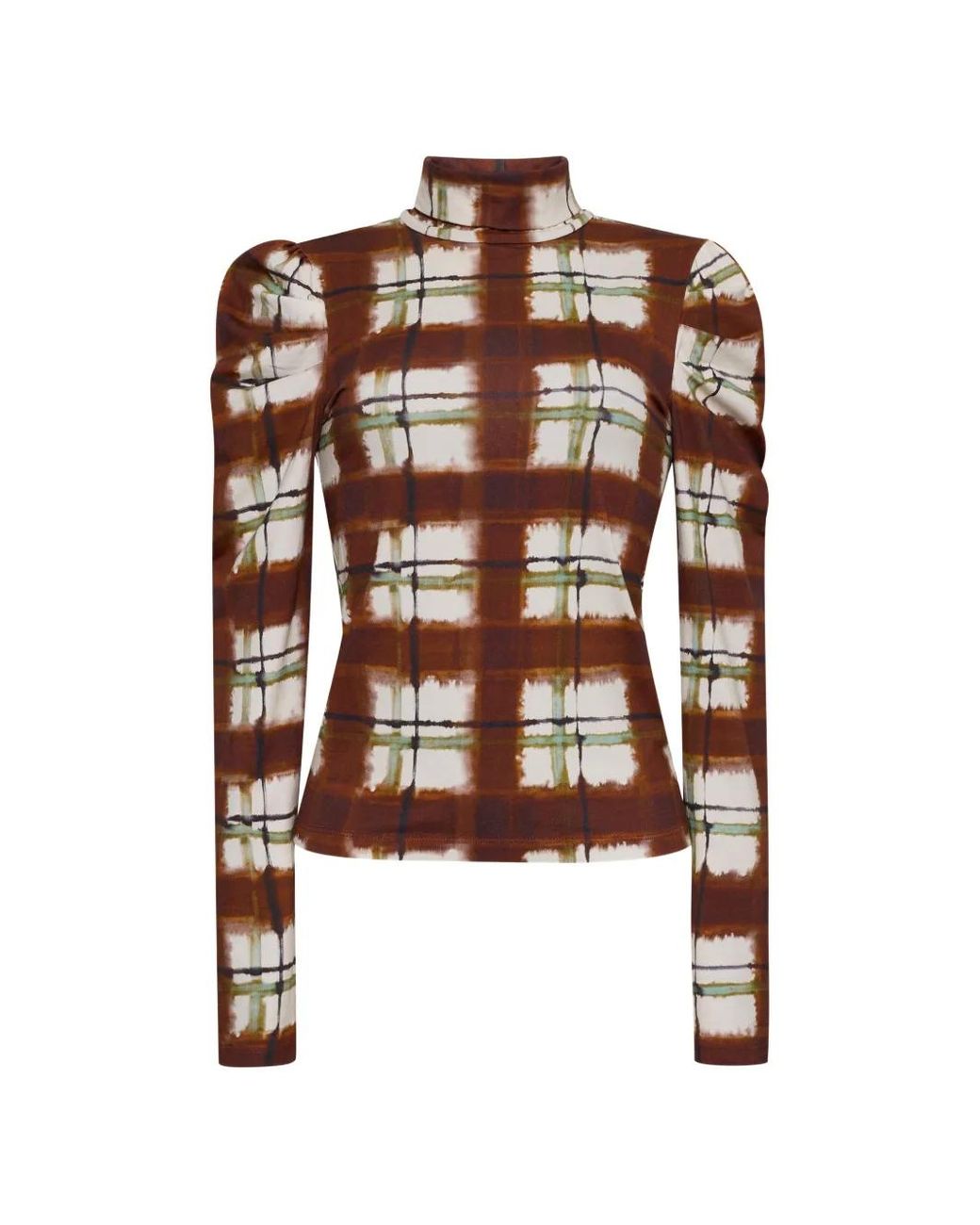 Cara Cara Brown Chira Plaid Puff-Sleeve T-Shirt
