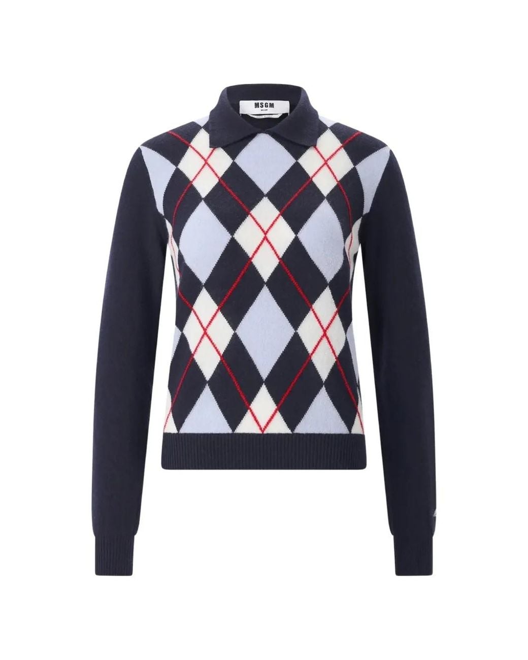 MSGM Blue Argyle Polo-Collar Sweater