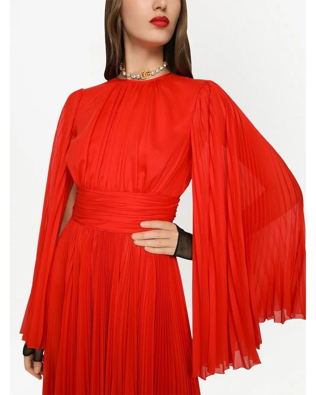 Dolce & Gabbana Red Slit-Sleeved Pleated Gown