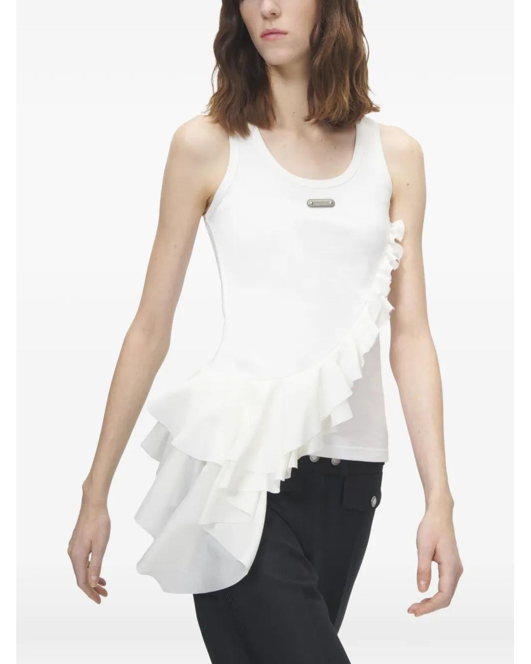 McQueen White Asymmetric Ruffle Tank Top