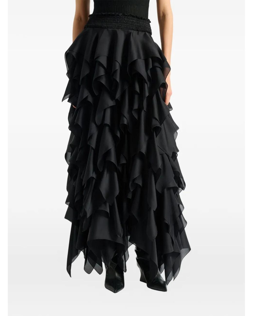 Balmain Black Long Ruffled Skirt