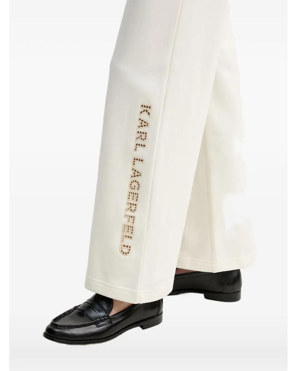 Karl Lagerfeld White Logo-Embroidered Wide-Leg Trousers