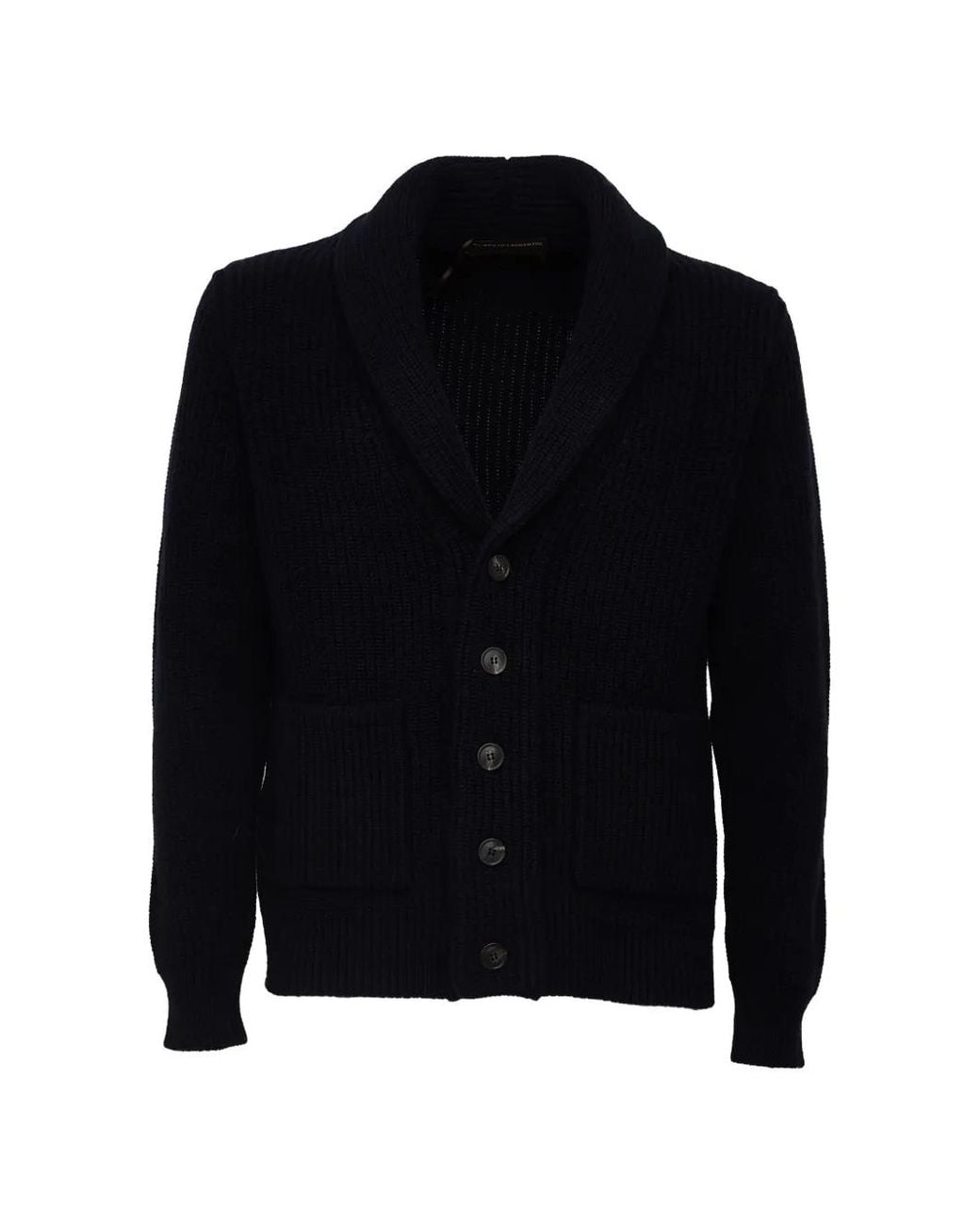 FILIPPO DE LAURENTIIS Blue Shawl-Collar Ribbed-Knit Cardigan for men
