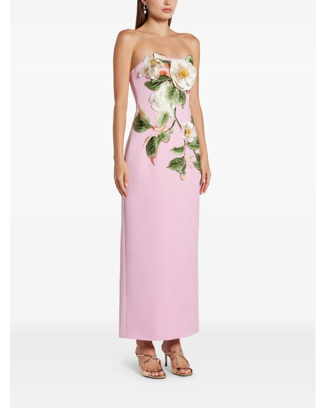 LEO LIN Floral-Appliqu Midi Dress in Pink | Lyst