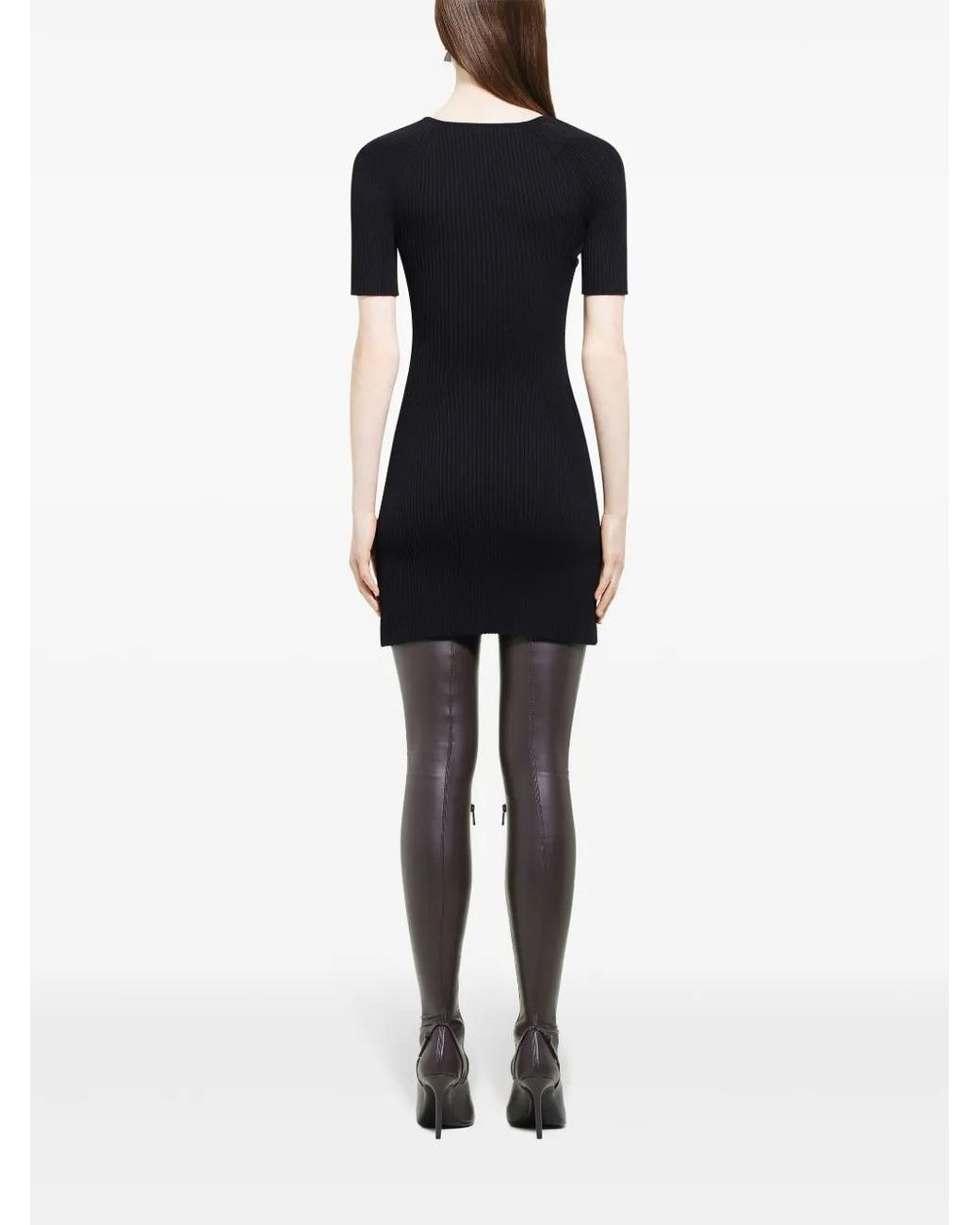 Courreges Black Asymmetric Neckline Ribbed Knit Mini Dress
