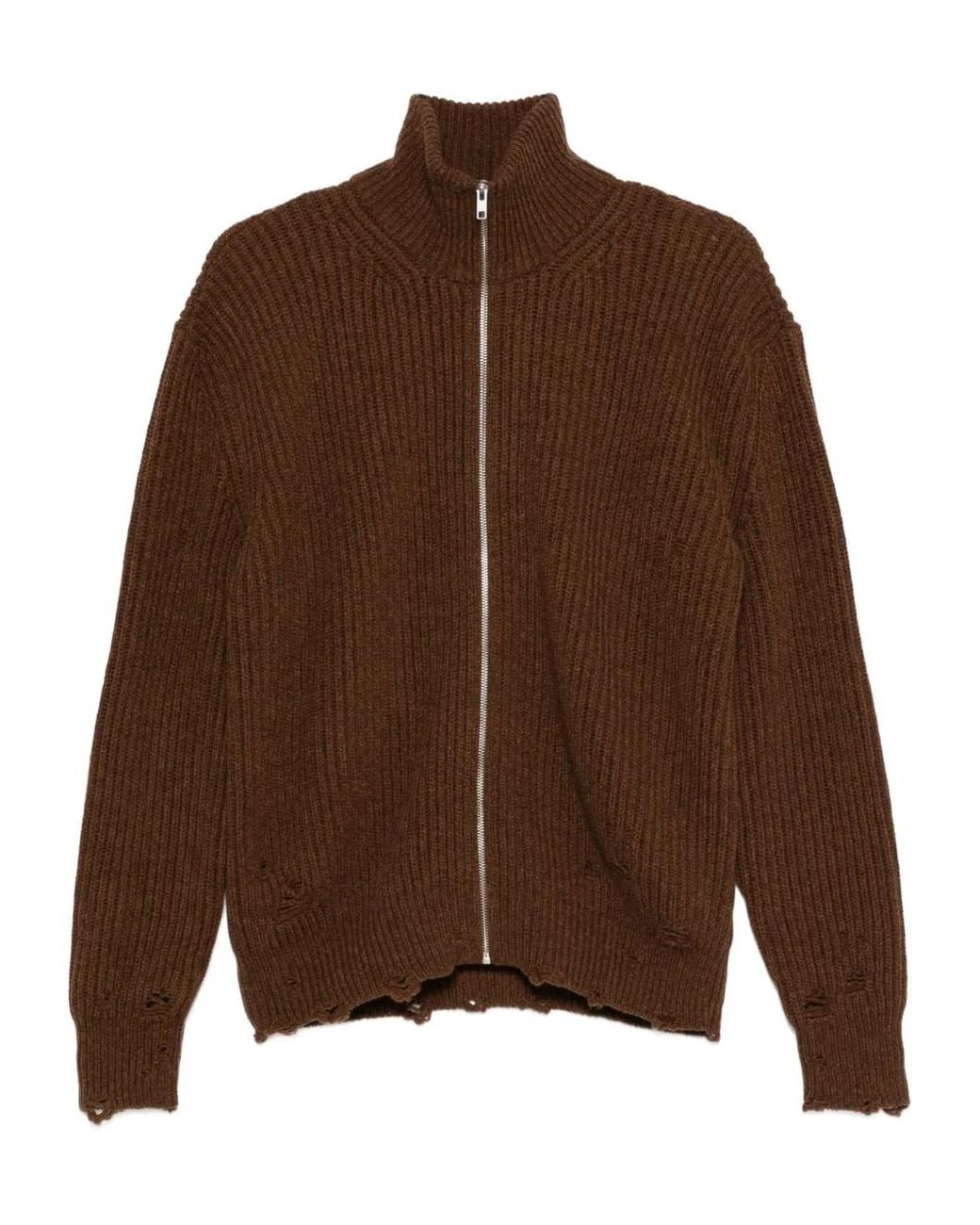 MM6 by Maison Margiela Brown Zip-Front Frayed Cardigan for men