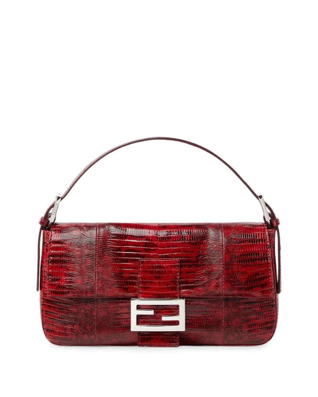 Fendi Red Baguette Lizard-Effect Leather Shoulder Bag