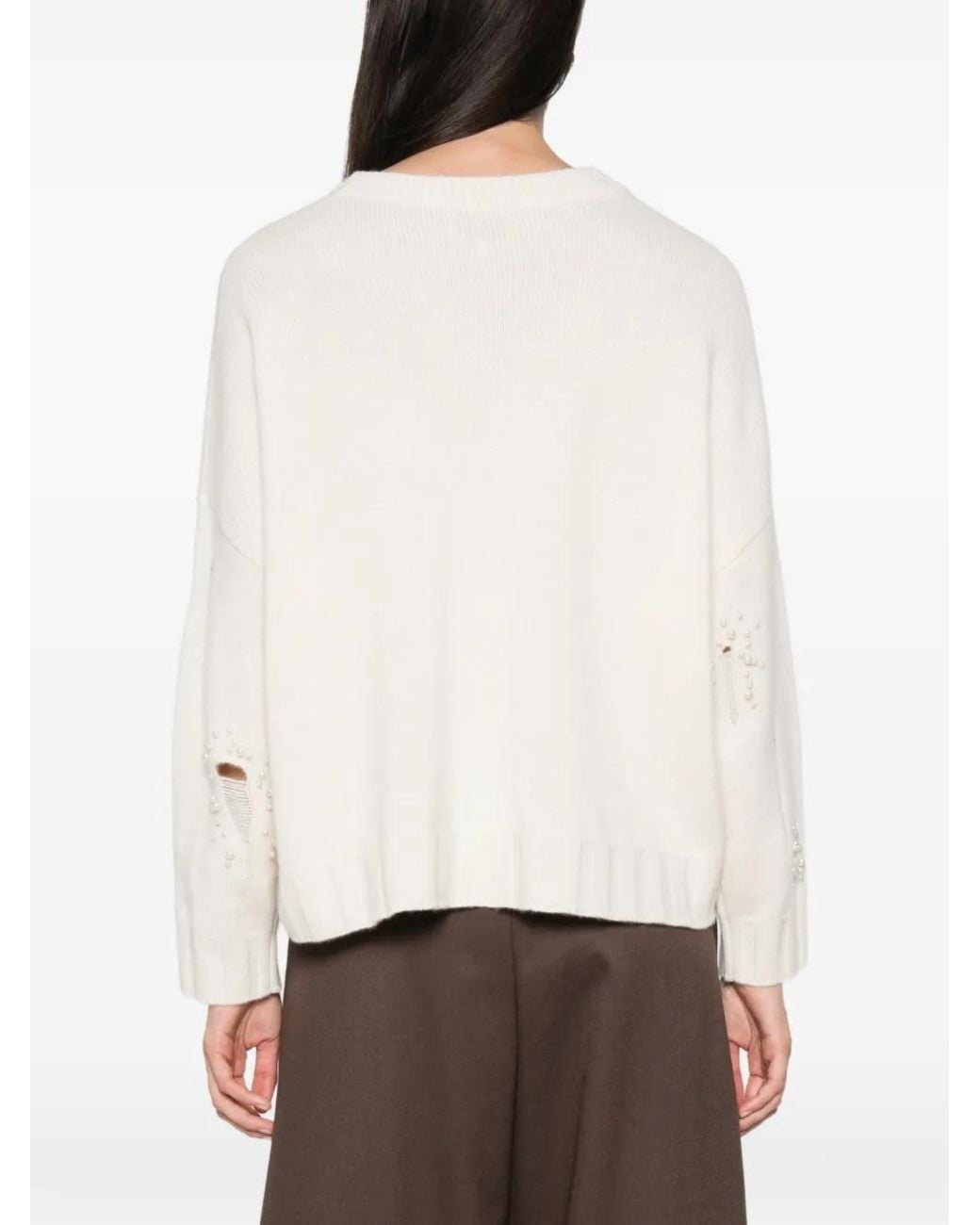 Kujten White Serafina Pearl-Embellished Distressed Sweater