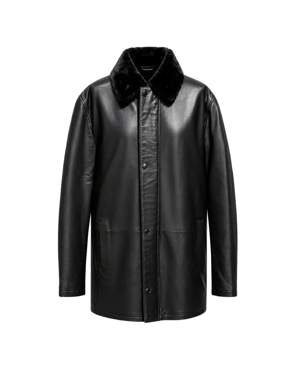 Poche Paris Black Shearling-Collar Leather Jacket for men