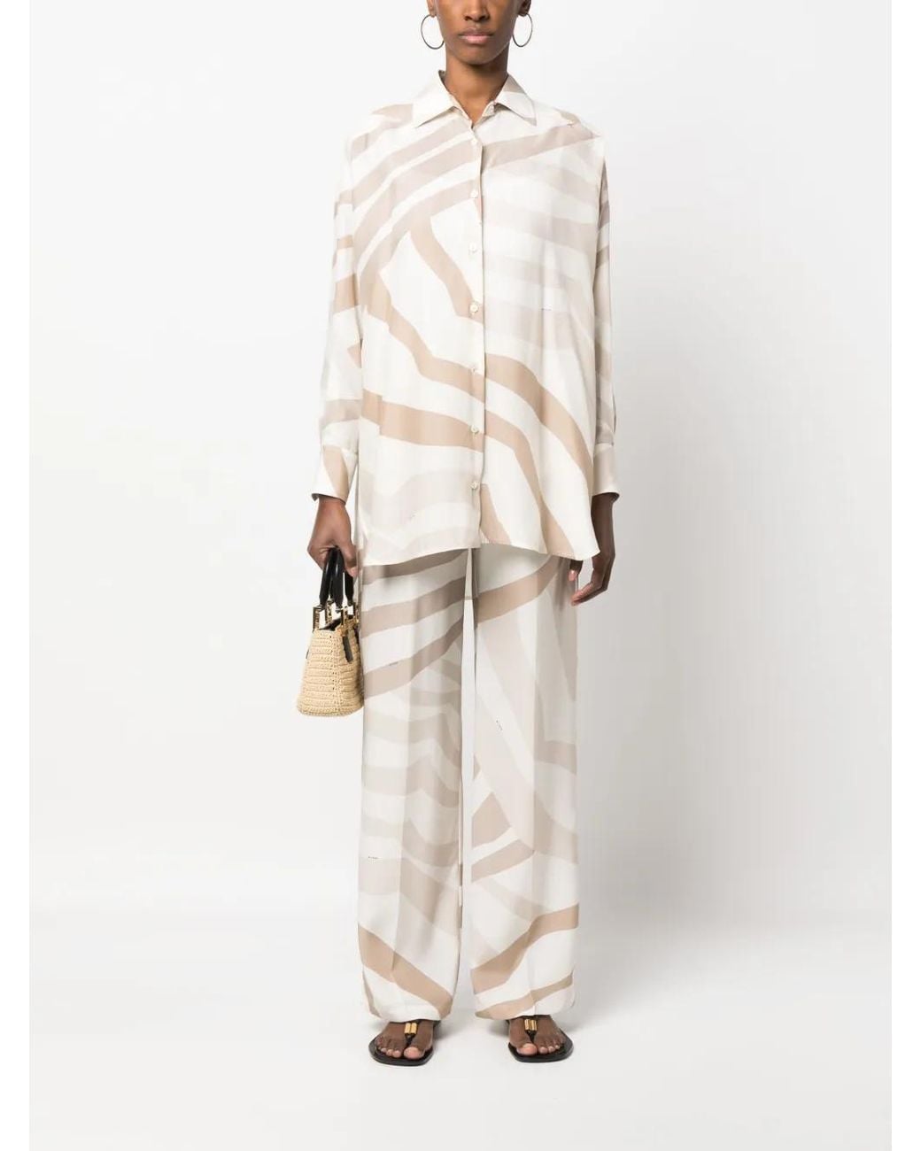 Kiton White Abstract-Print Drawstring Silk Trousers