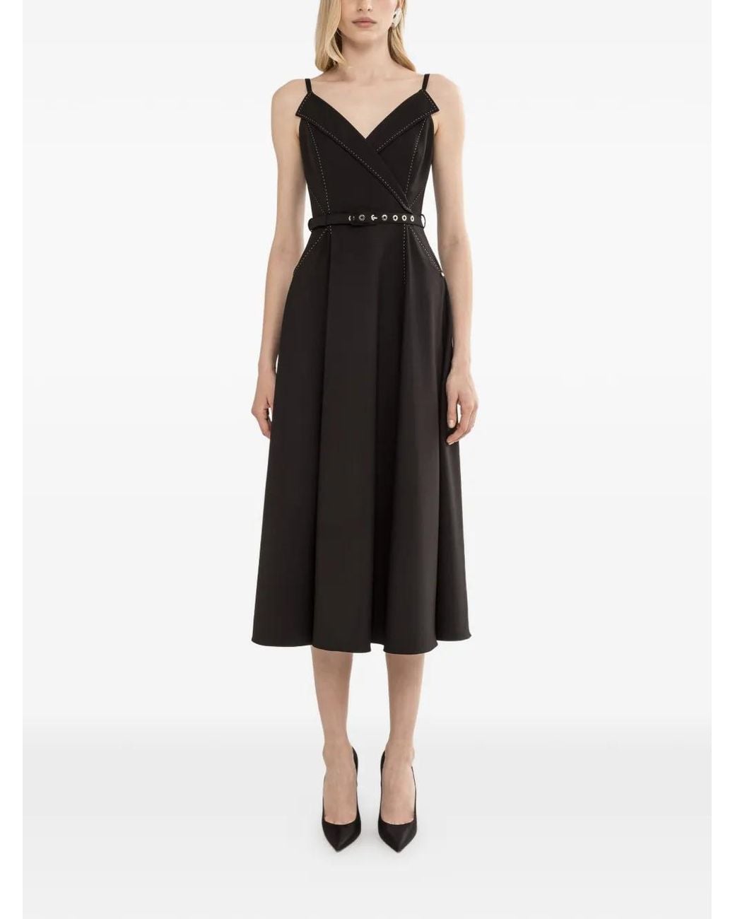 Nissa Black Belted Midi Dress
