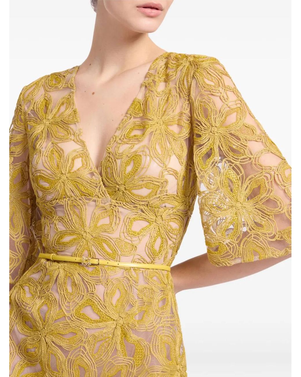 Elie Saab Floral-Embroidered Midi Dress in Yellow | Lyst