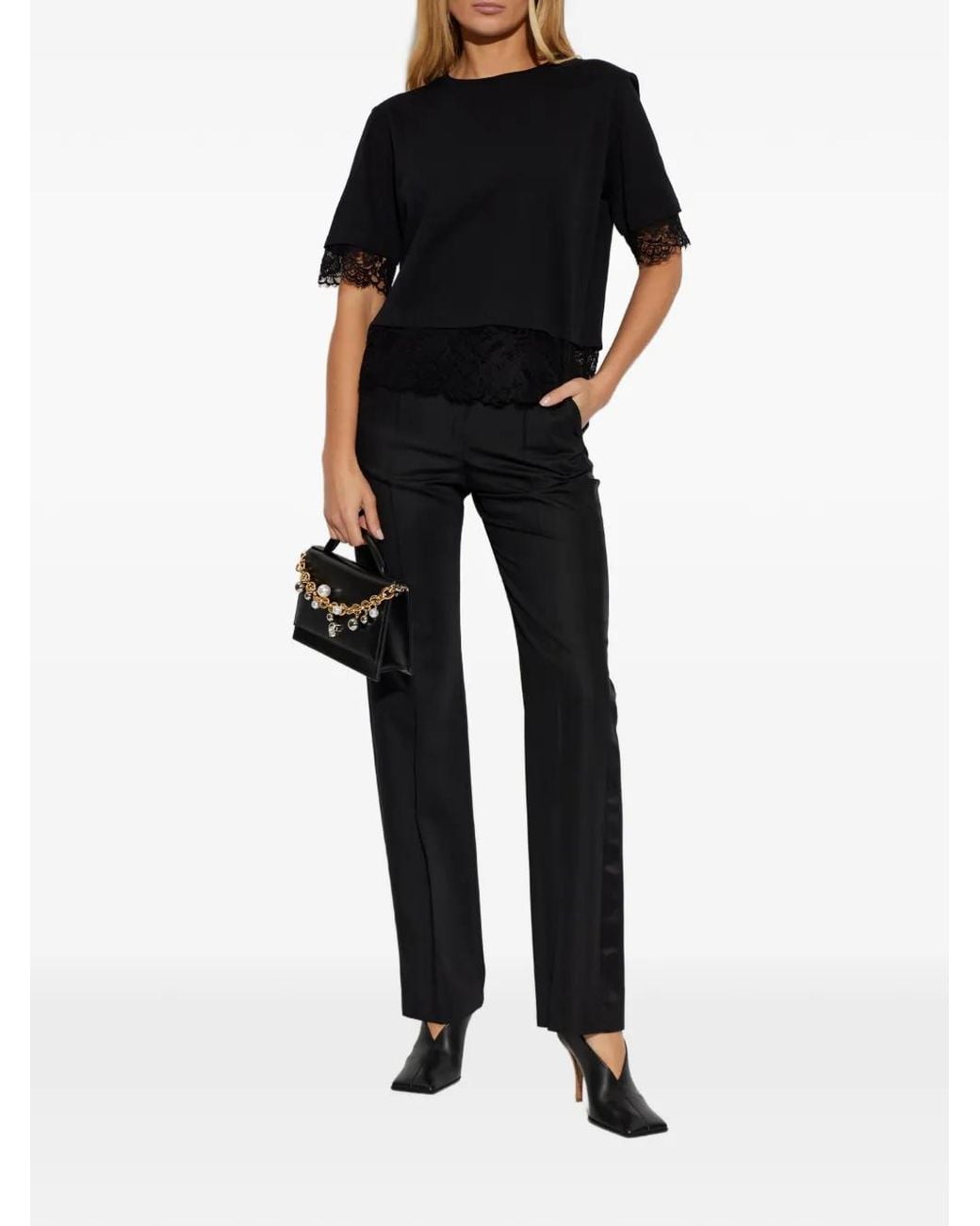McQueen Black Lace Detail Cotton Jersey T-Shirt