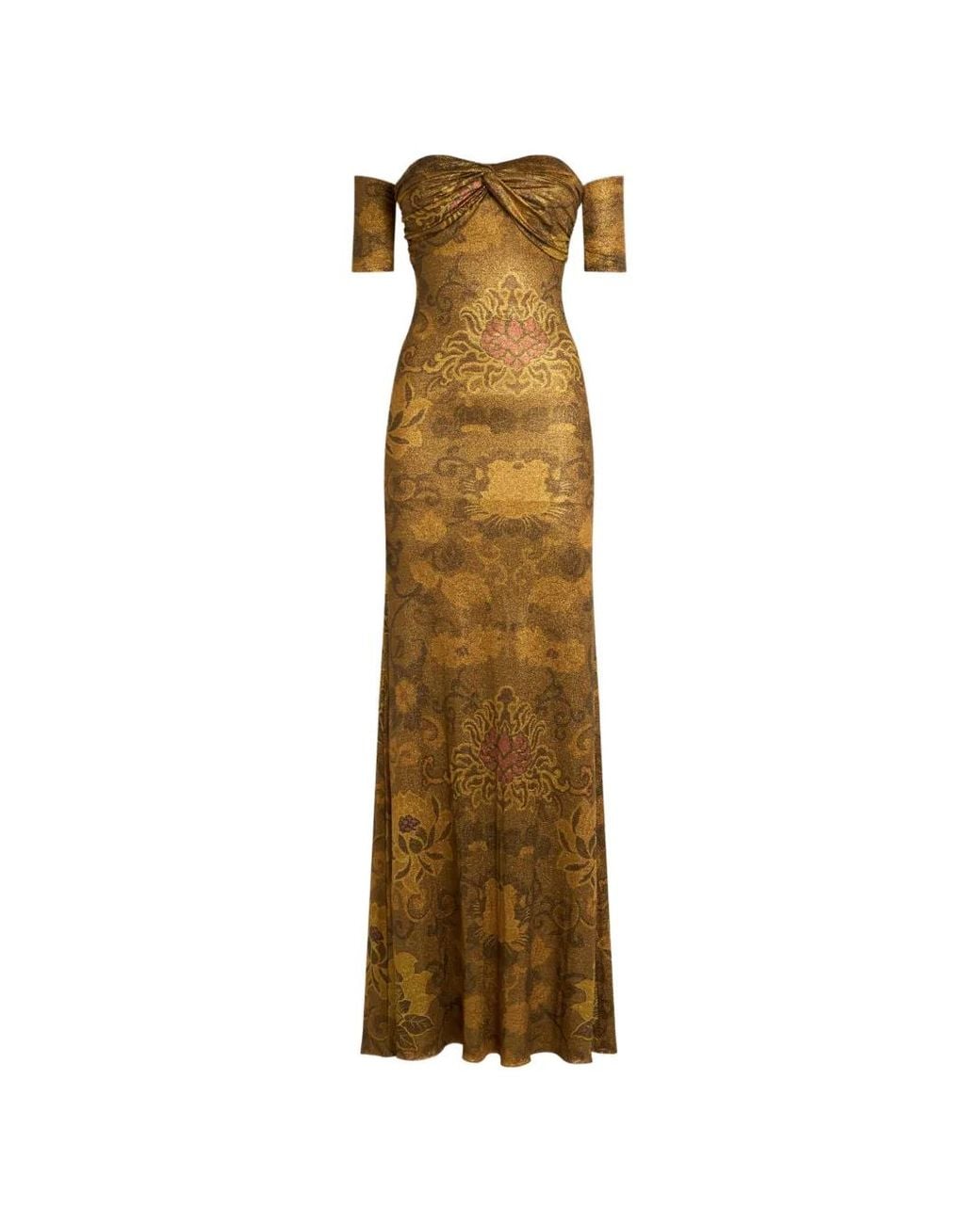 Etro Natural Long Metallic Jersey Dress With Open Shoulders And Floral Motif