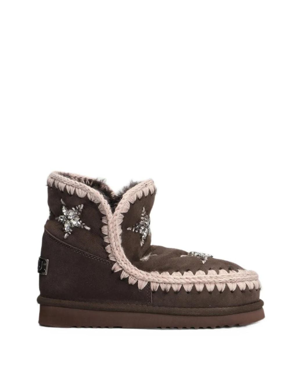 Mou Brown Crystal-Embellished Crochet-Trim Ankle Boots