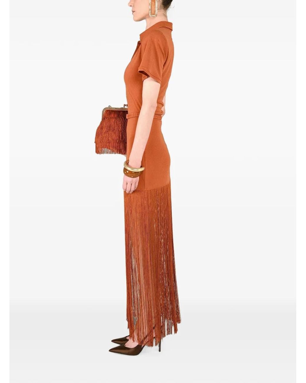 ROWEN ROSE Orange Fringe-Trim Polo Maxi Dress