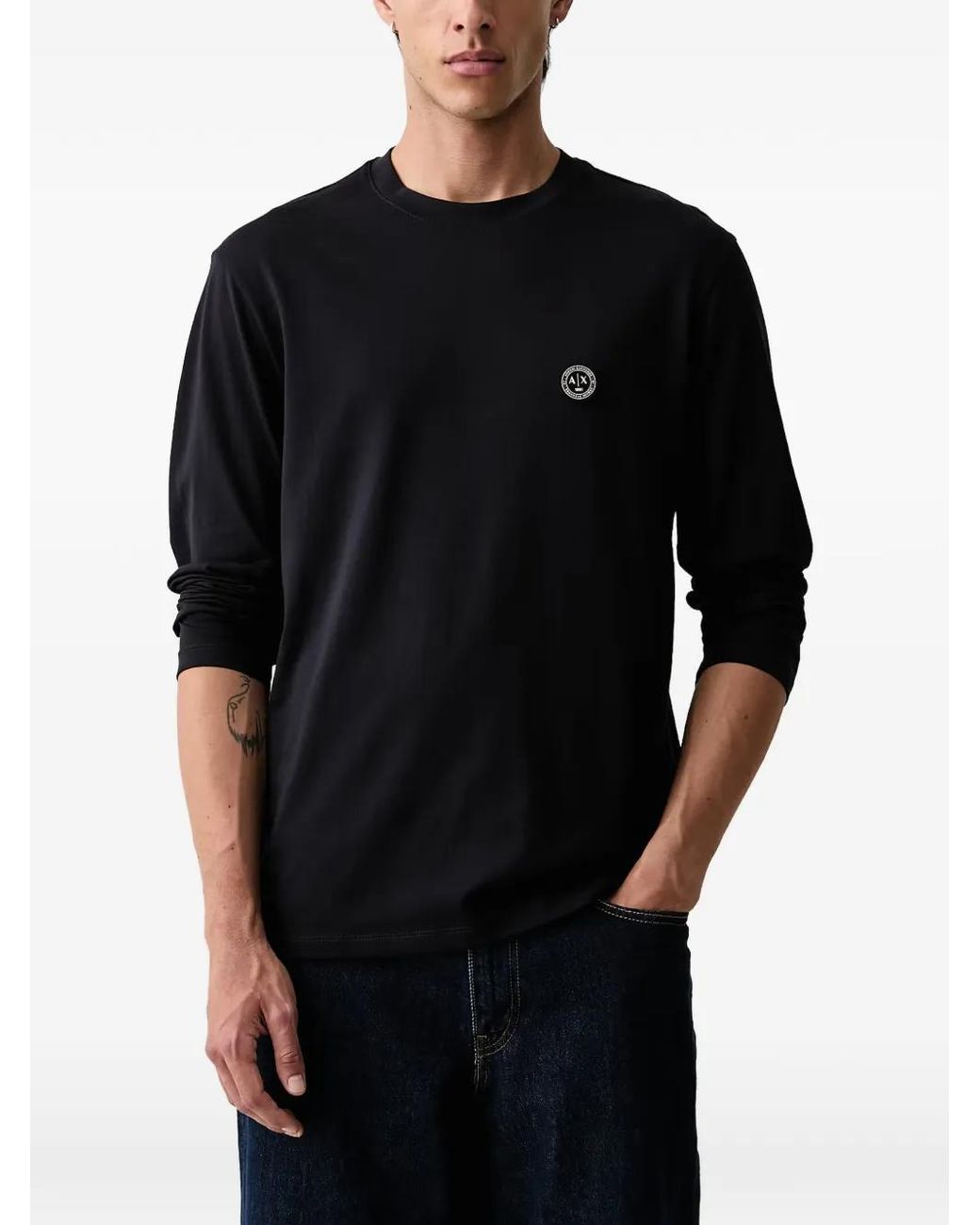 ARMANI EXCHANGE Black Logo-Patch Long-Sleeve T-Shirt for men