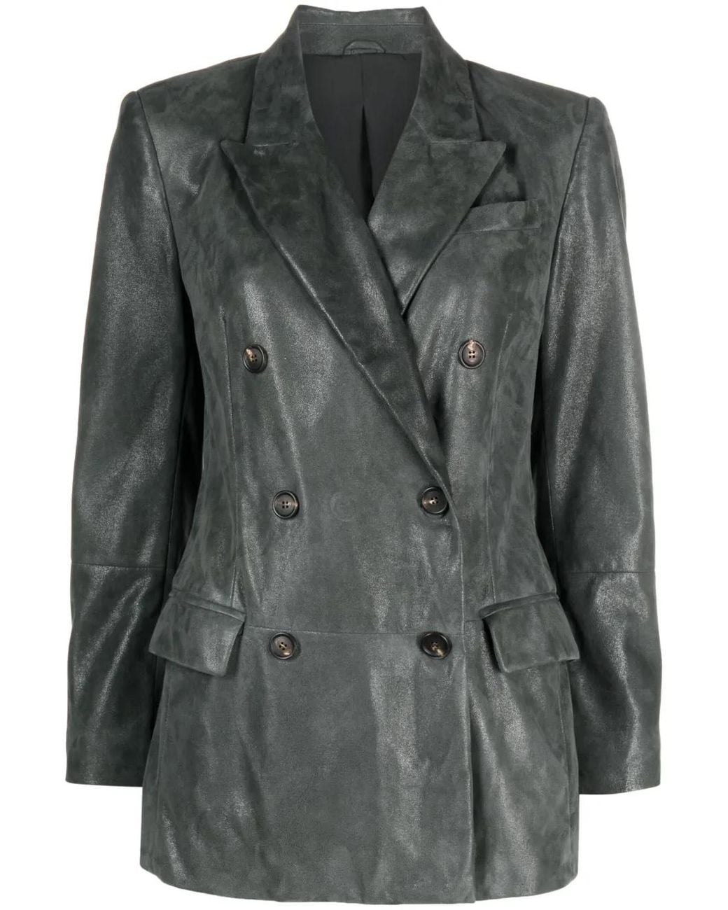Brunello Cucinelli Black Double-Breasted Leather Blazer