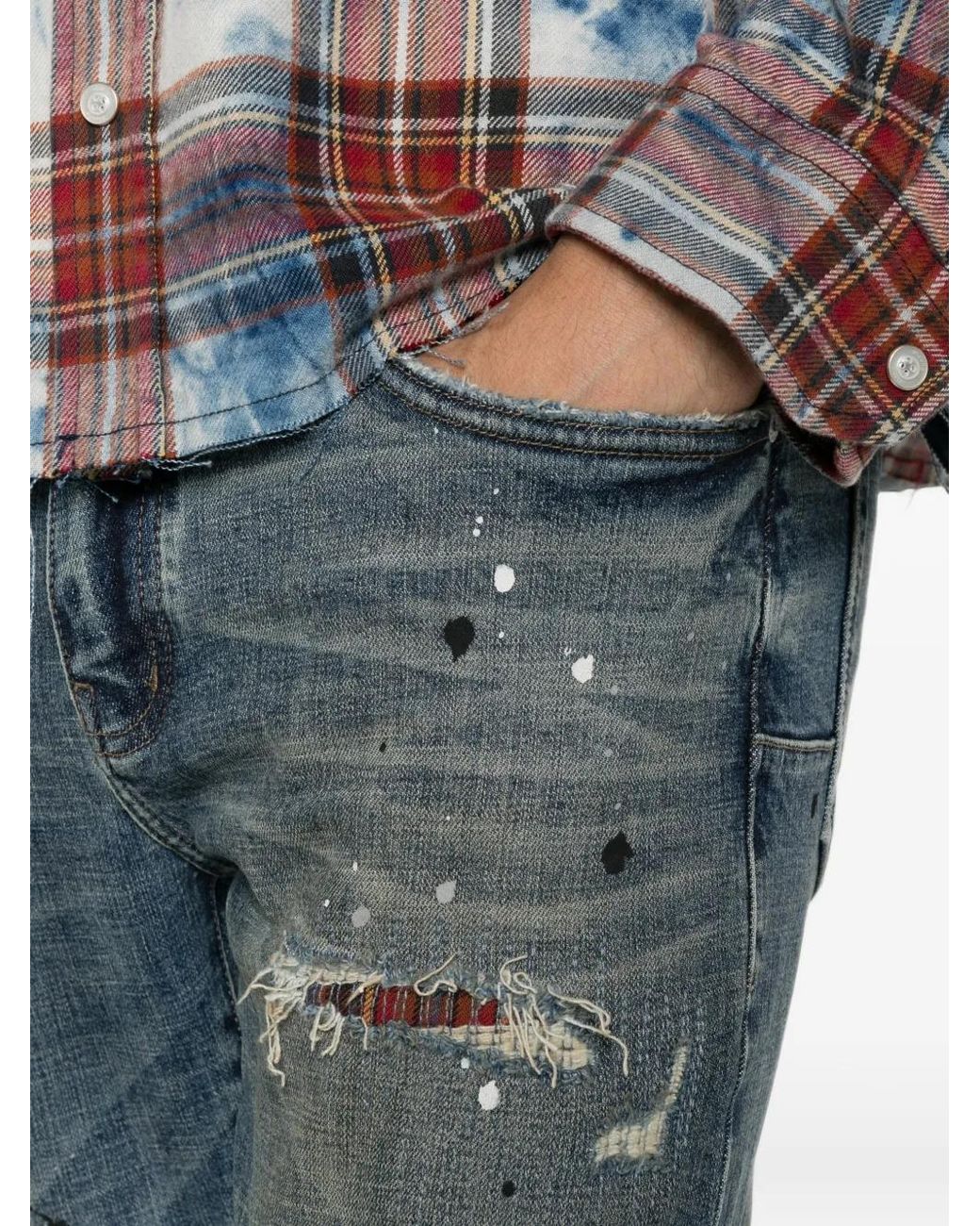 Purple Brand Blue Distressed Paint-Splatter Skinny Jeans for men