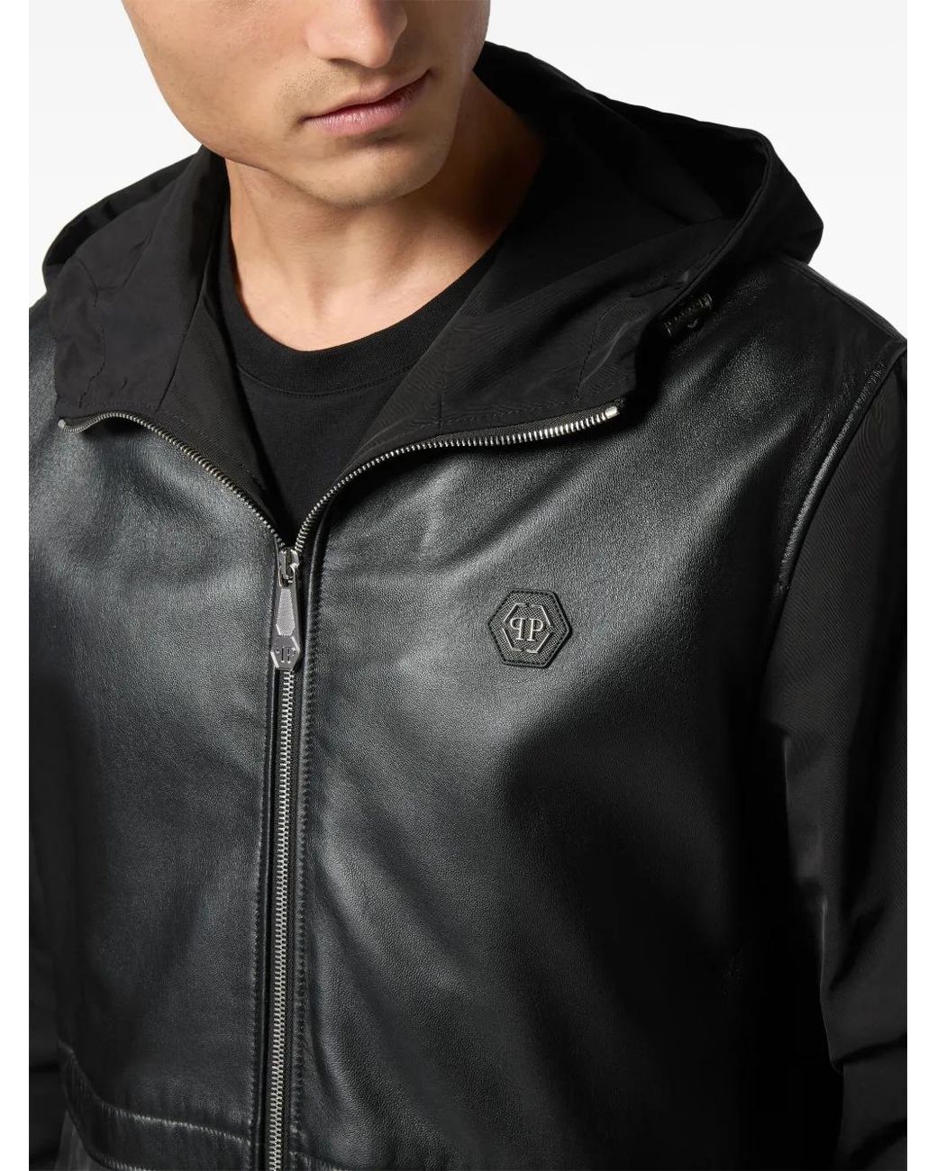 Philipp Plein Black Leather Long Sleeve Hooded Jacket for men