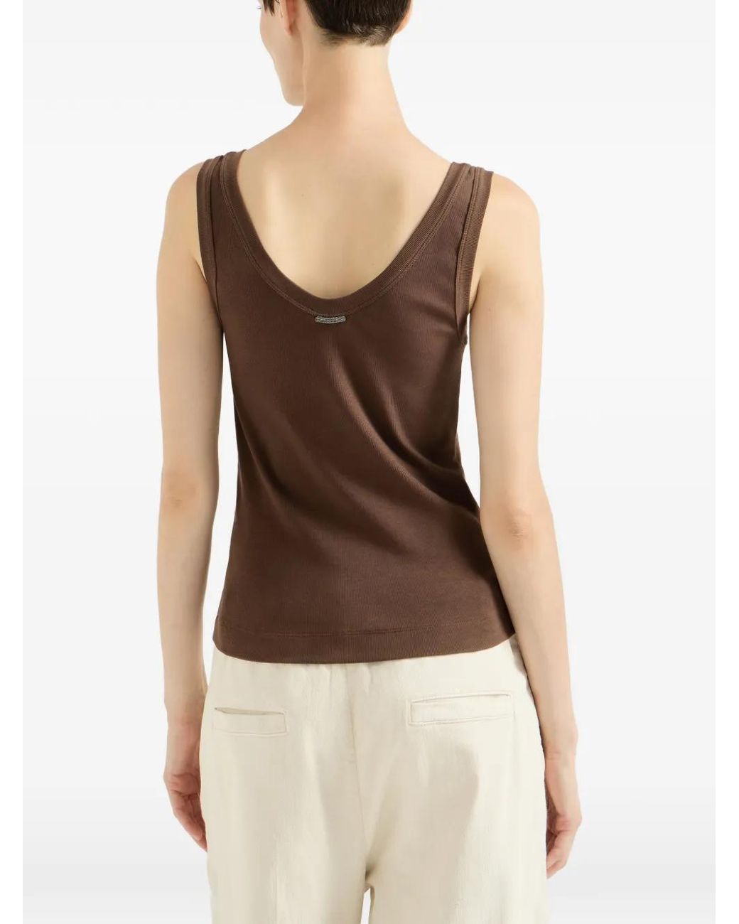Brunello Cucinelli Brown Stretch-Cotton Ribbed-Jersey Top With Monili
