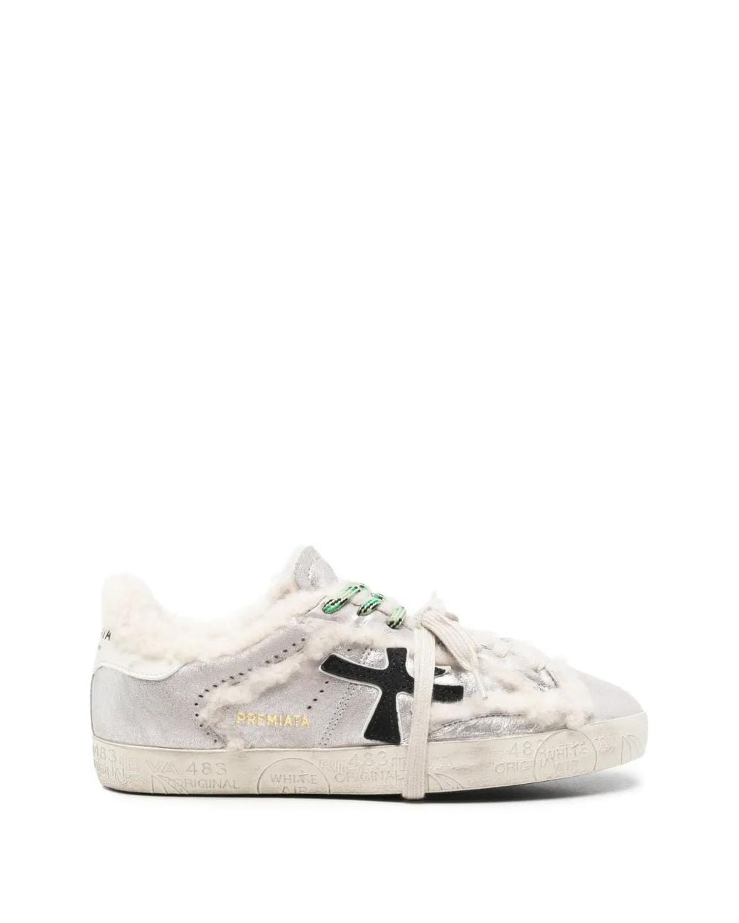 Premiata White Baskets Steven À Bords En Peau Lainée