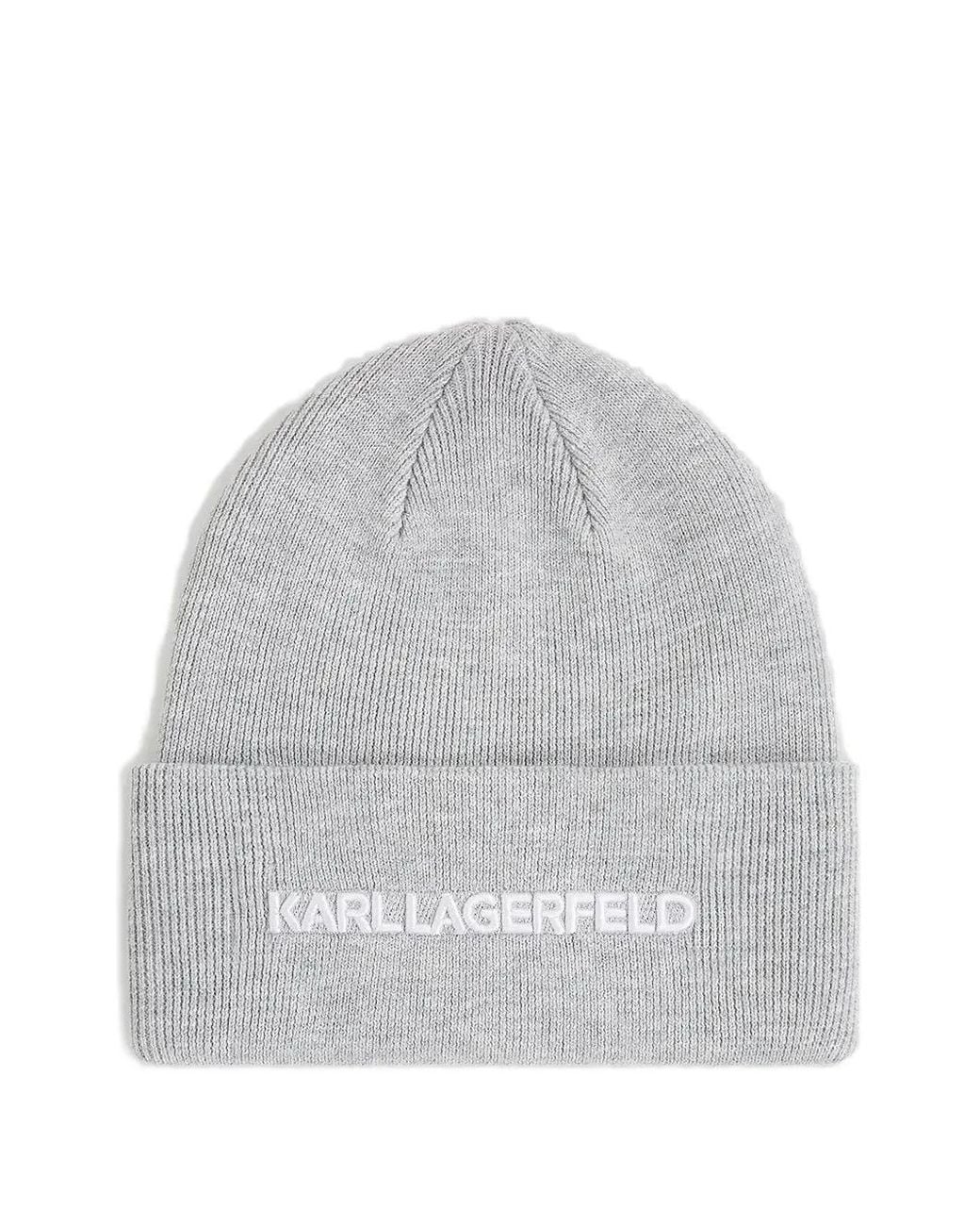 Karl Lagerfeld Gray Logo-Embroidered Ribbed Beanie