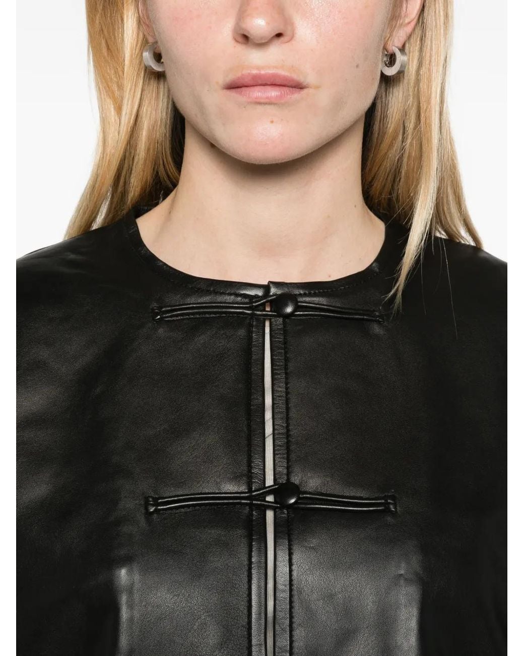St. Agni Black Button-Detail Cocoon Leather Jacket