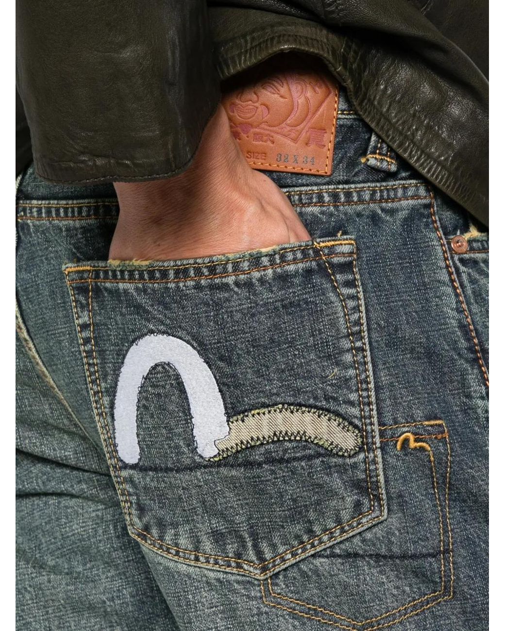 Evisu Gray Seagull-Print Whiskered Jeans for men