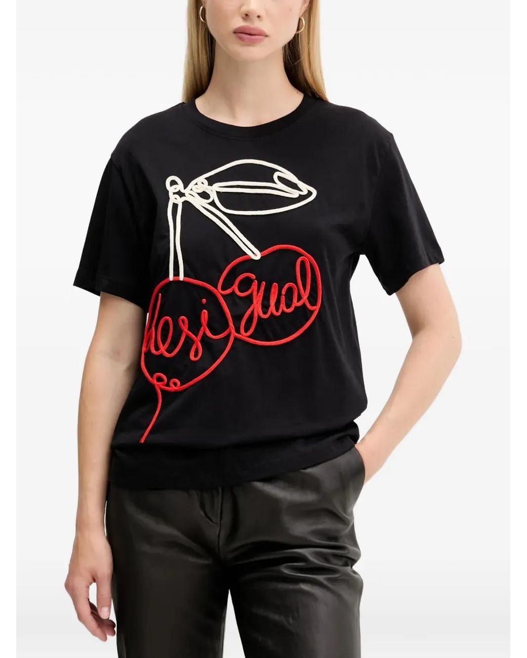 Desigual Black Cherry-Embroidered T-Shirt