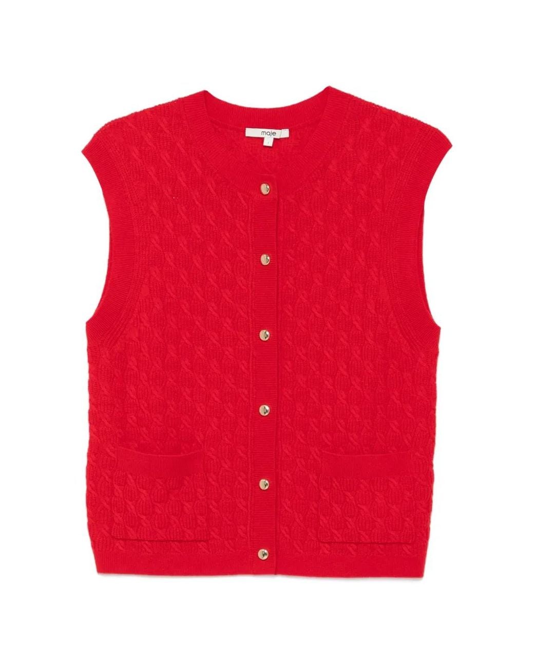 Maje Red Cable-Knit Sleeveless Cardigan