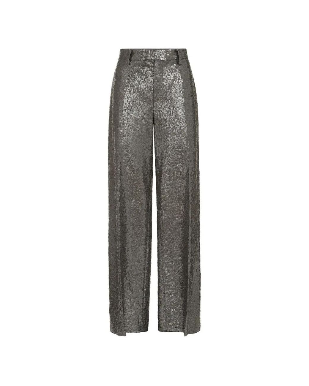 Brunello Cucinelli Gray Pantalon Ample Évasé Et Brodé En Flanelle De Laine Vierge Texturée