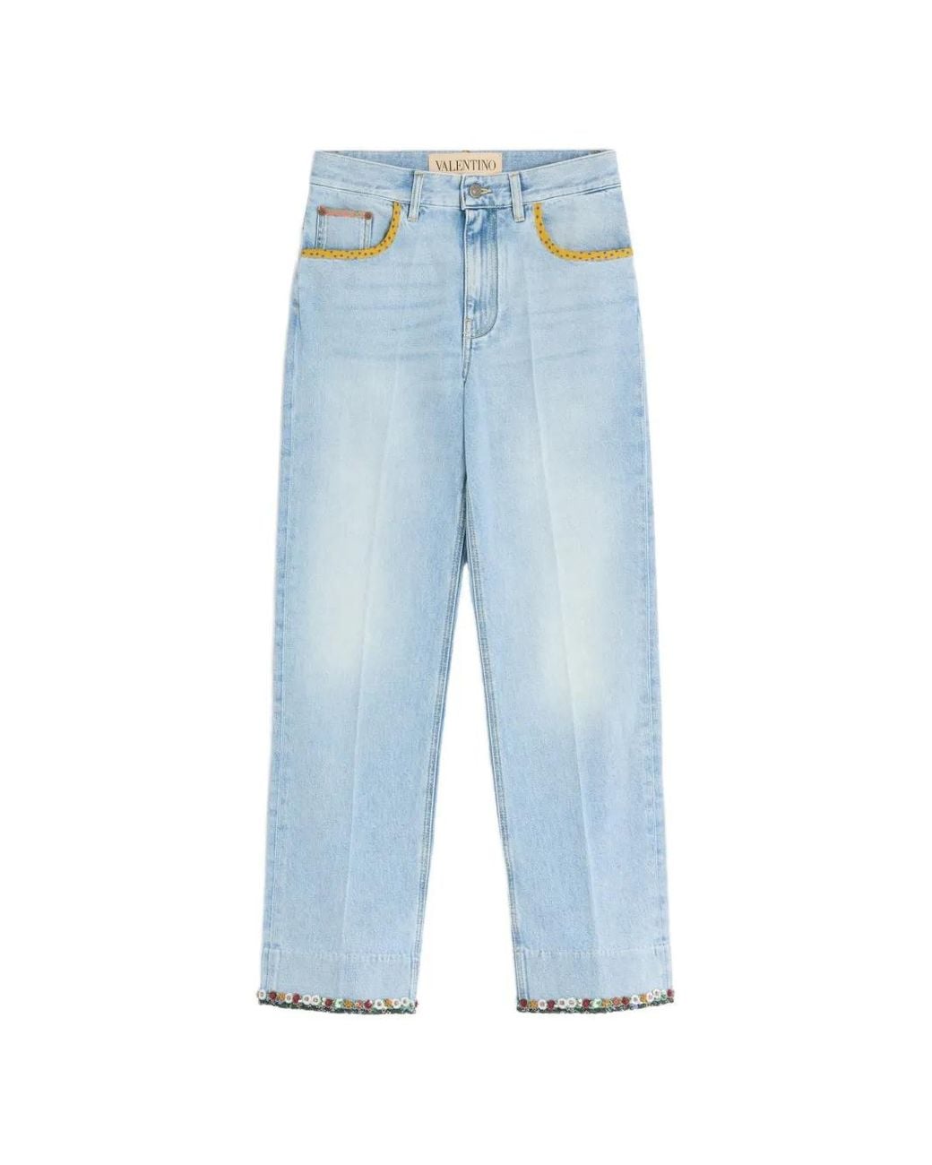 Valentino Garavani Blue Floral-Hem Faded Jeans