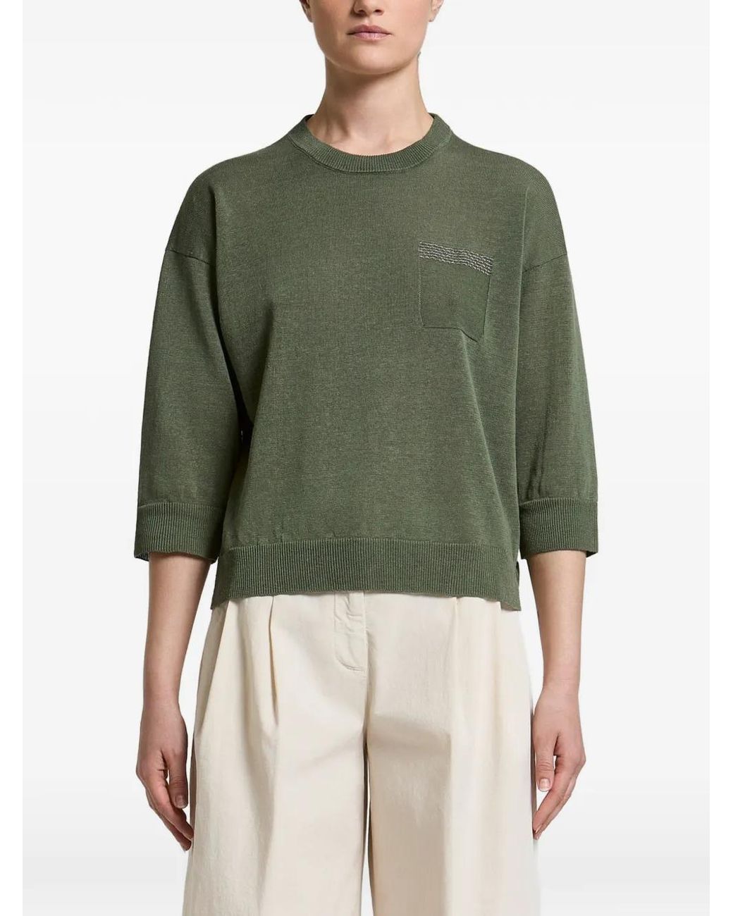 Peserico Green Bead-Embellished Pocket Sweater