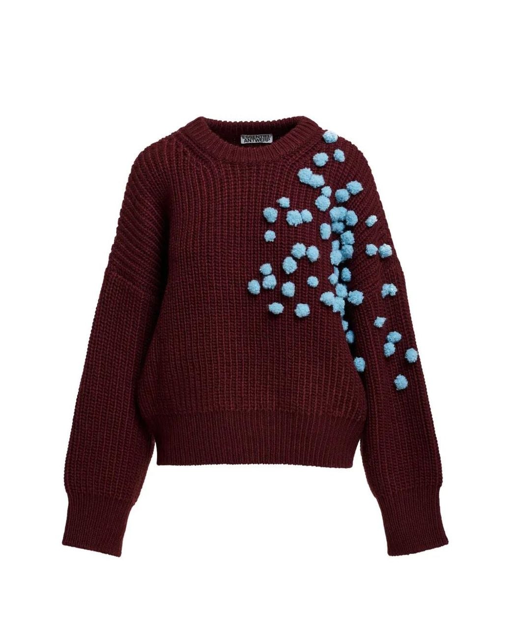 Essentiel Antwerp Red Pompom-Embellished Chunky-Knit Sweater