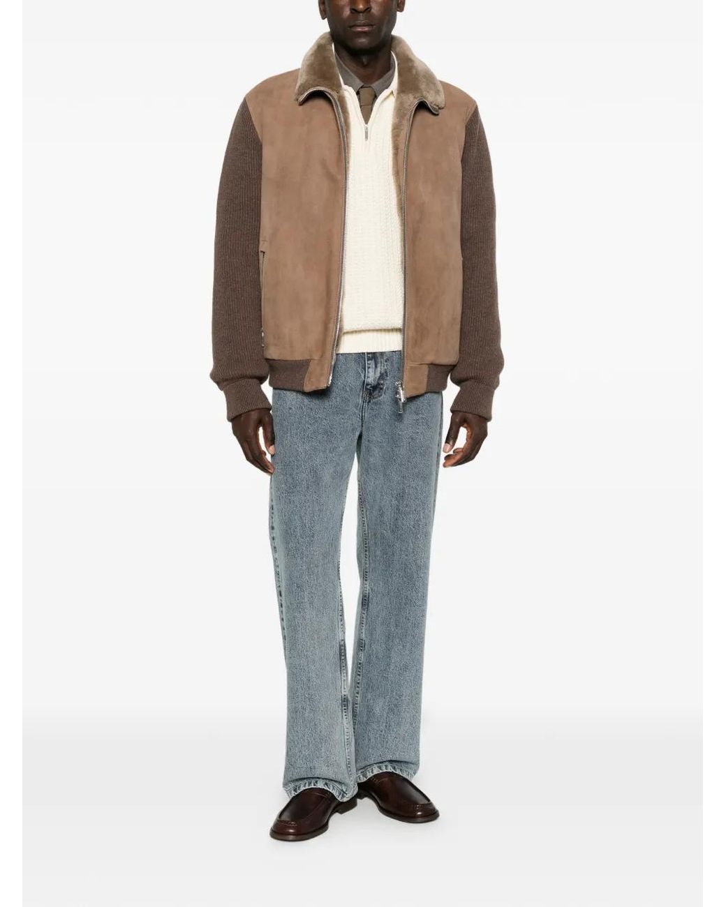 Moorer Brown Shearling-Collar Panelled Jacket for men