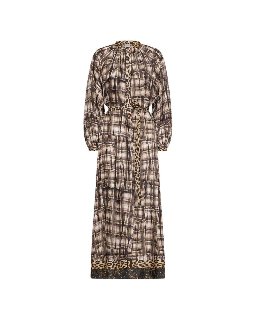 Pierre Louis Mascia White Aloe Leopard-Print Plaid-Pattern Maxi Shirt Dress