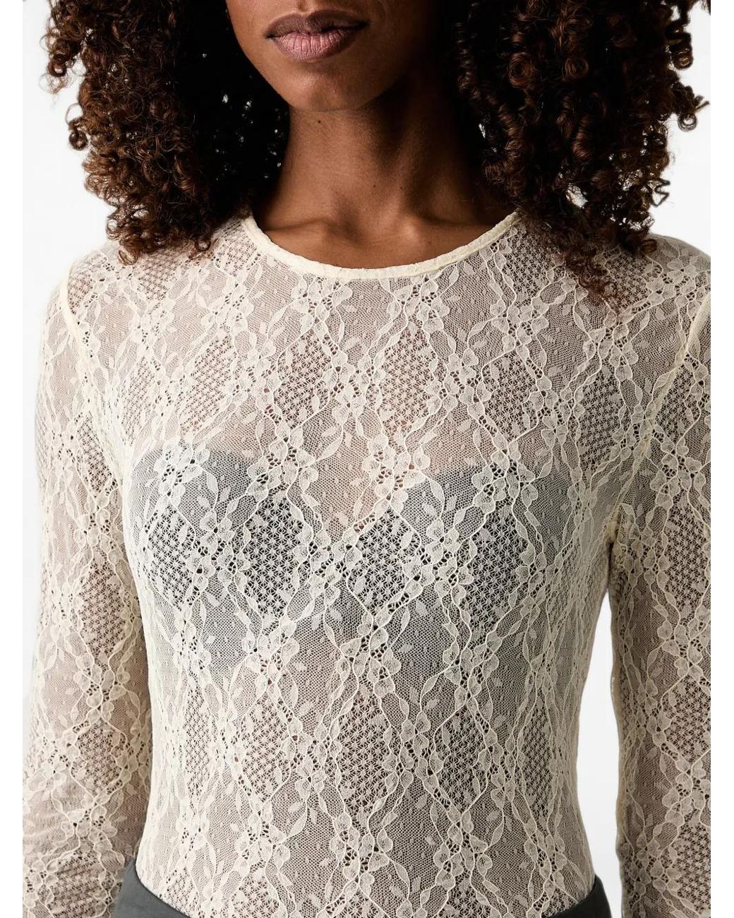 Twinset Gray Lace-Patterned Long-Sleeve Top