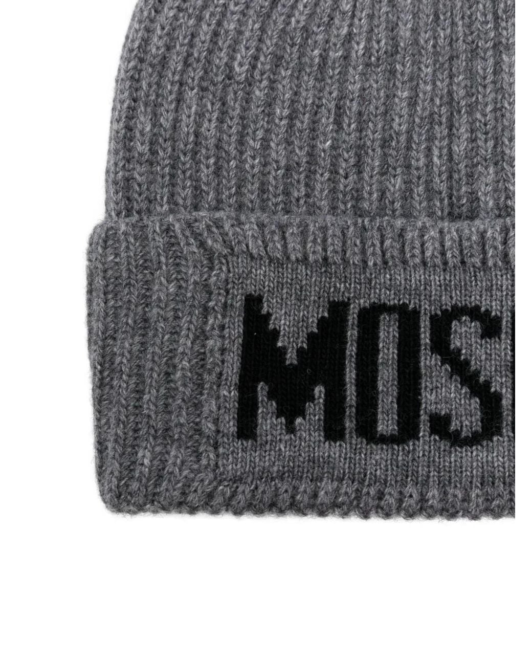 Moschino Gray Ribbed Logo Beanie
