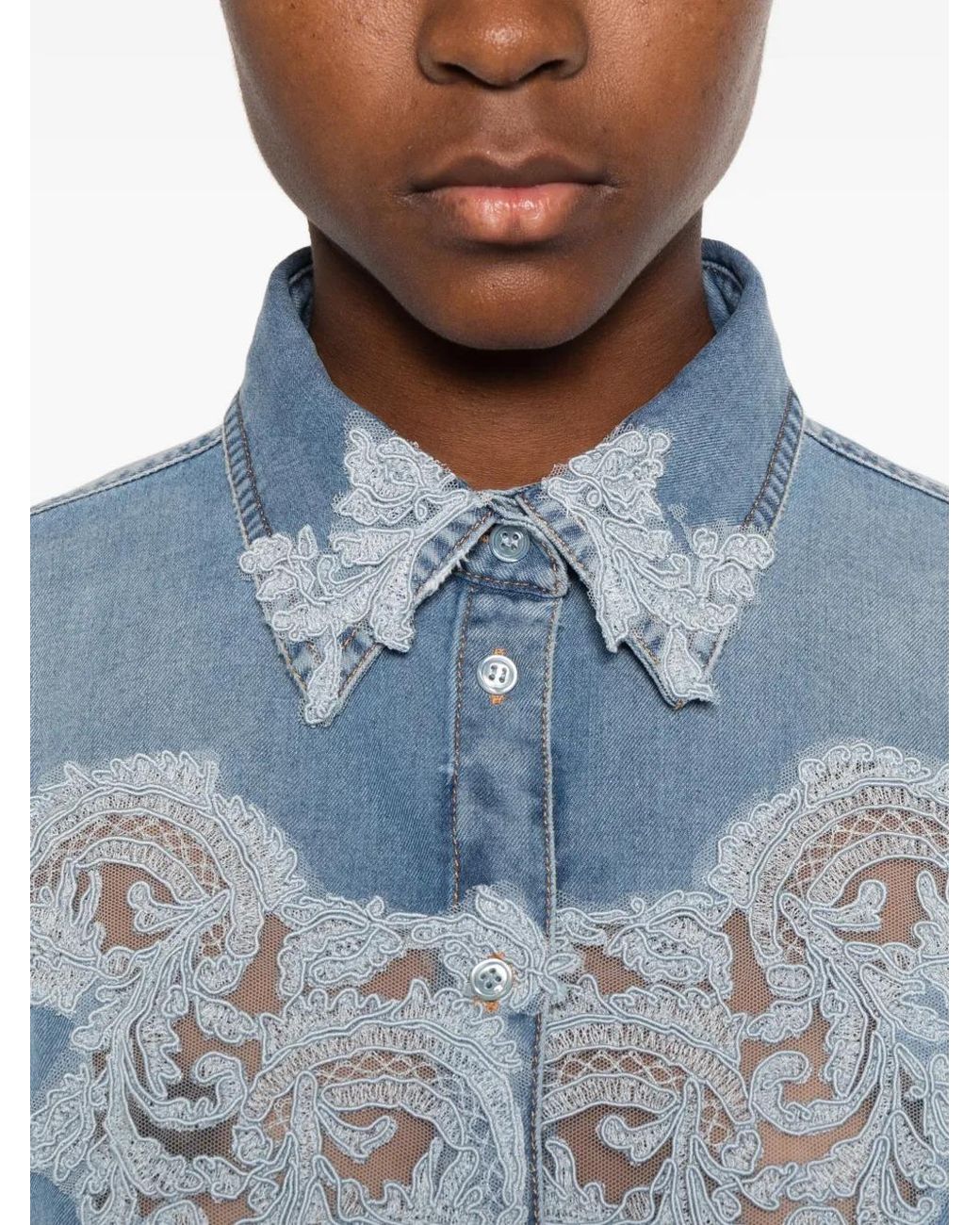 Ermanno Scervino Blue Lace-Embroidery Denim Shirt