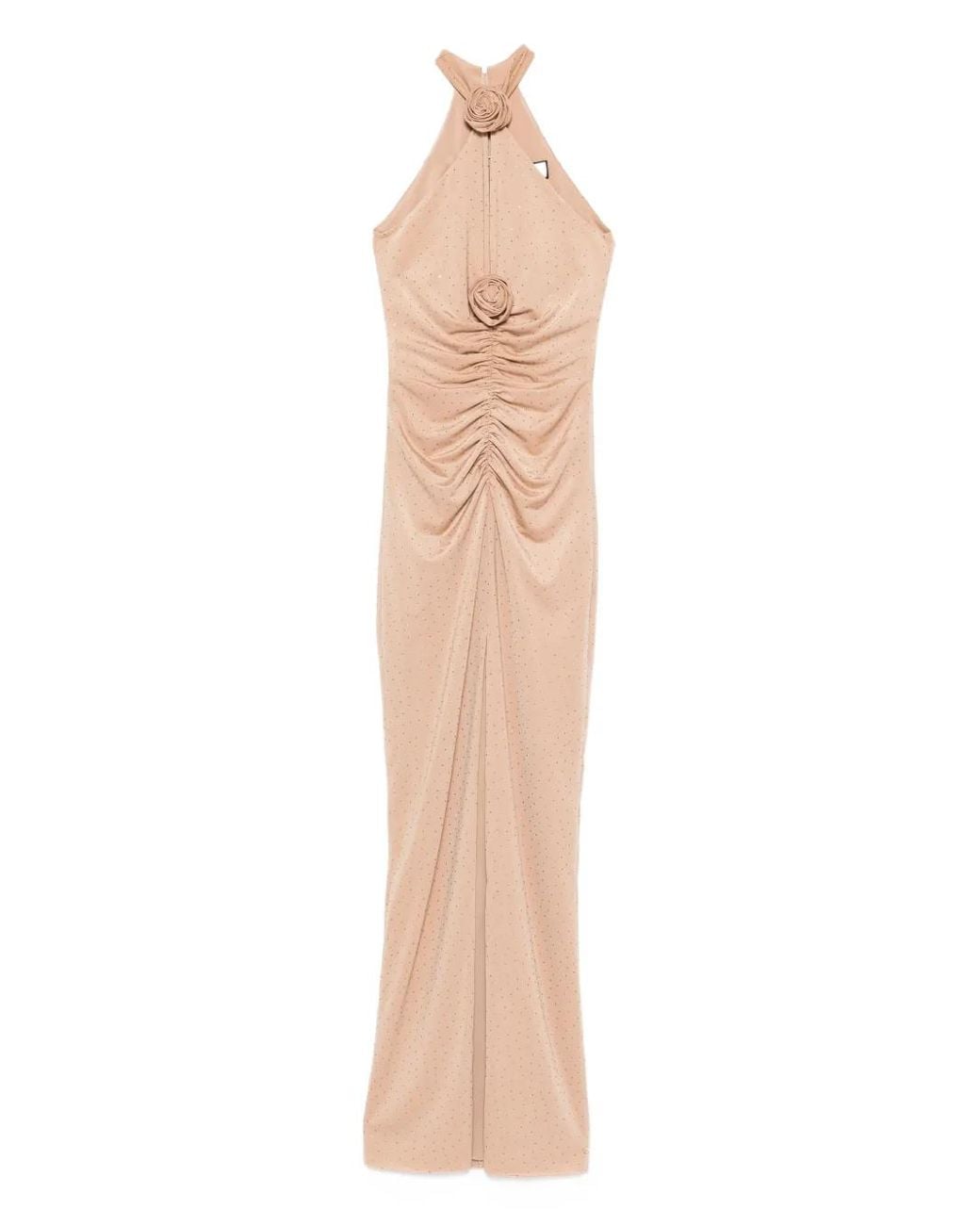 Nissa White Rose-Embellished Ruched Maxi Evening Dress