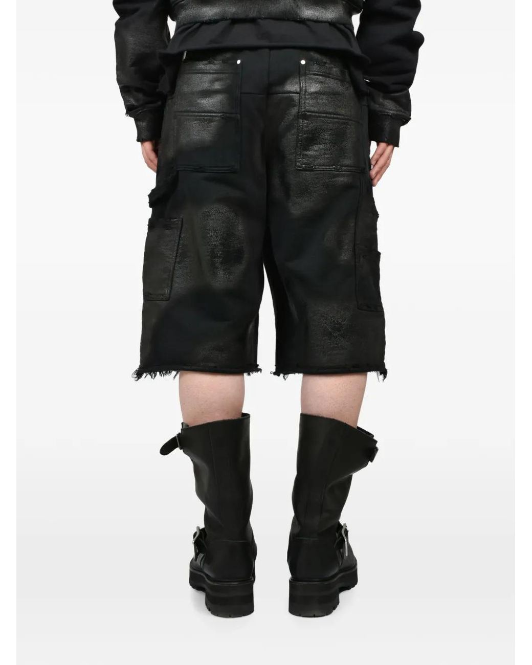 FILTH Black Waxed-Finish Frayed-Edge Shorts for men