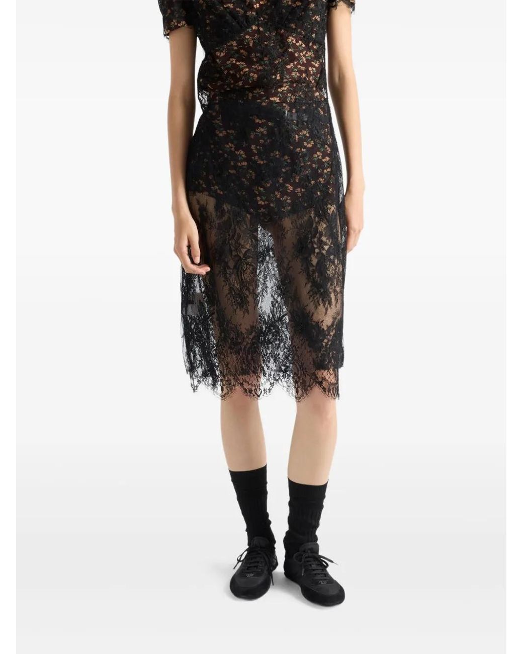 Prada Midi-Jurk Met Gewelfde Afwerking En Kant in het Black