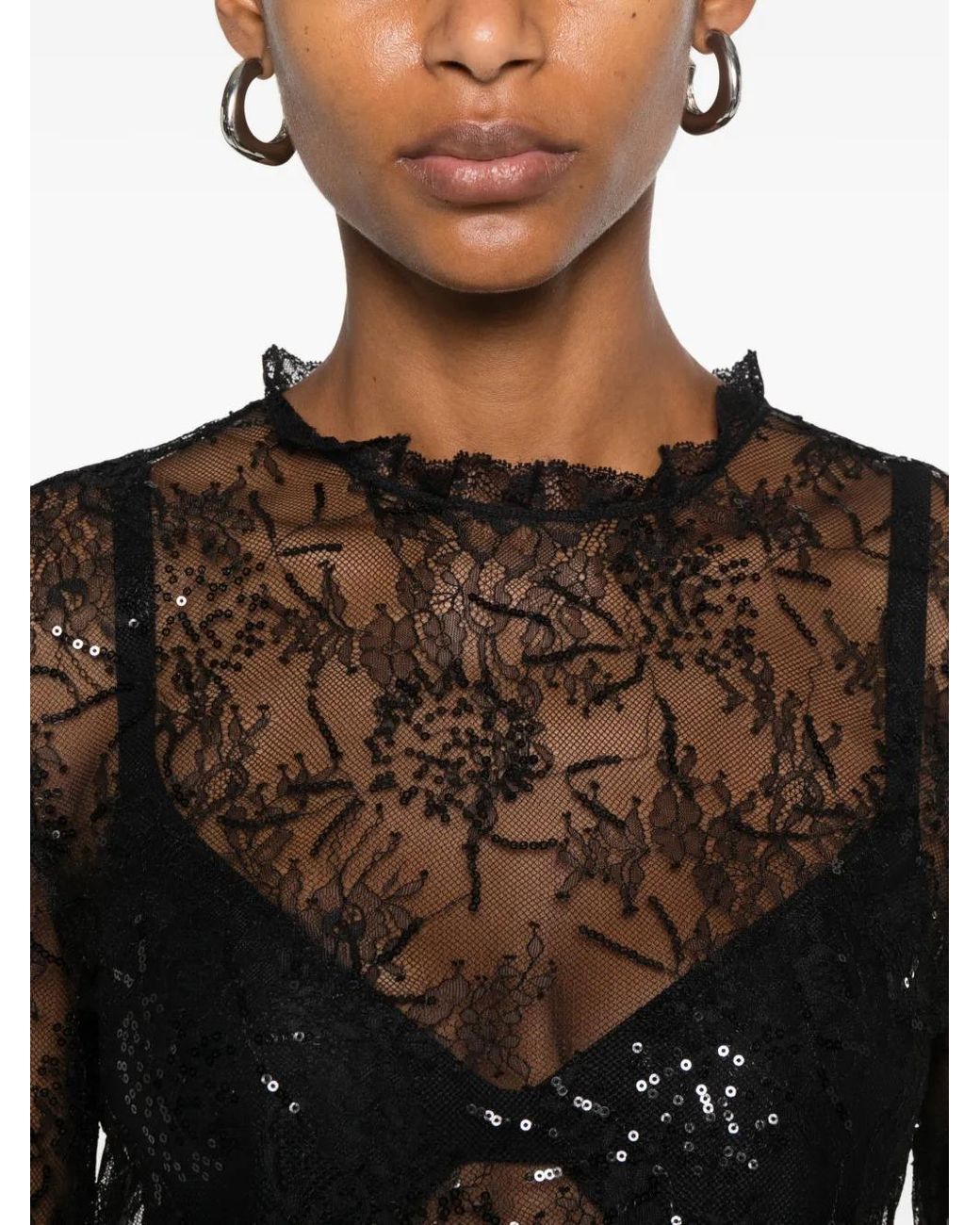 Alberta Ferretti Gray Sequin-Embellished Lace Top