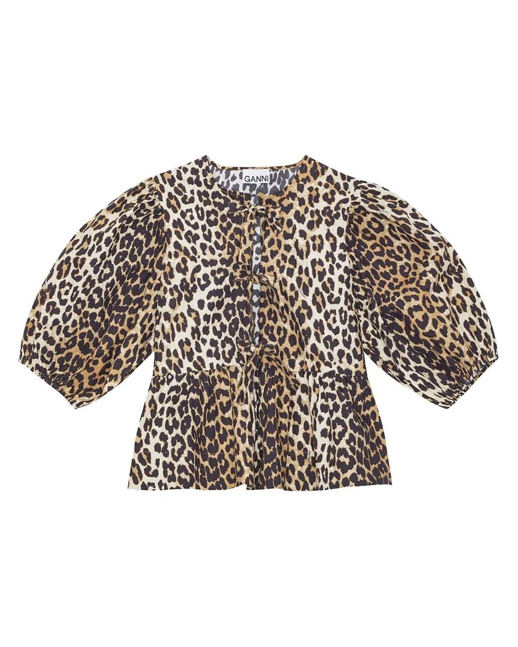 Ganni Brown Leopard-Print Organic-Cotton Blouse