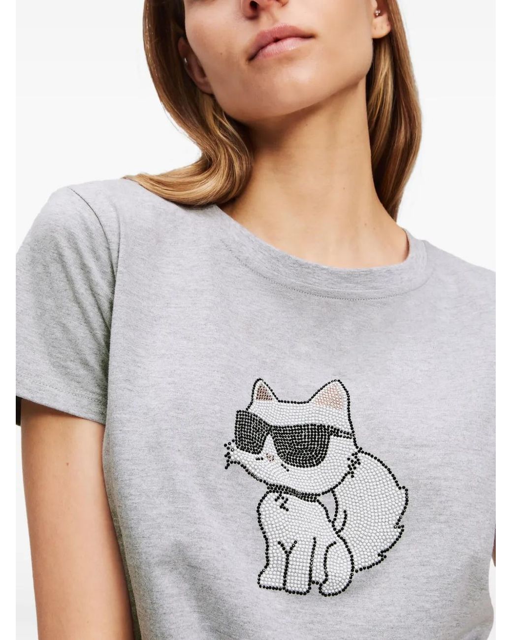 Karl Lagerfeld Gray Ikon Choupette Rhinestone T-Shirt