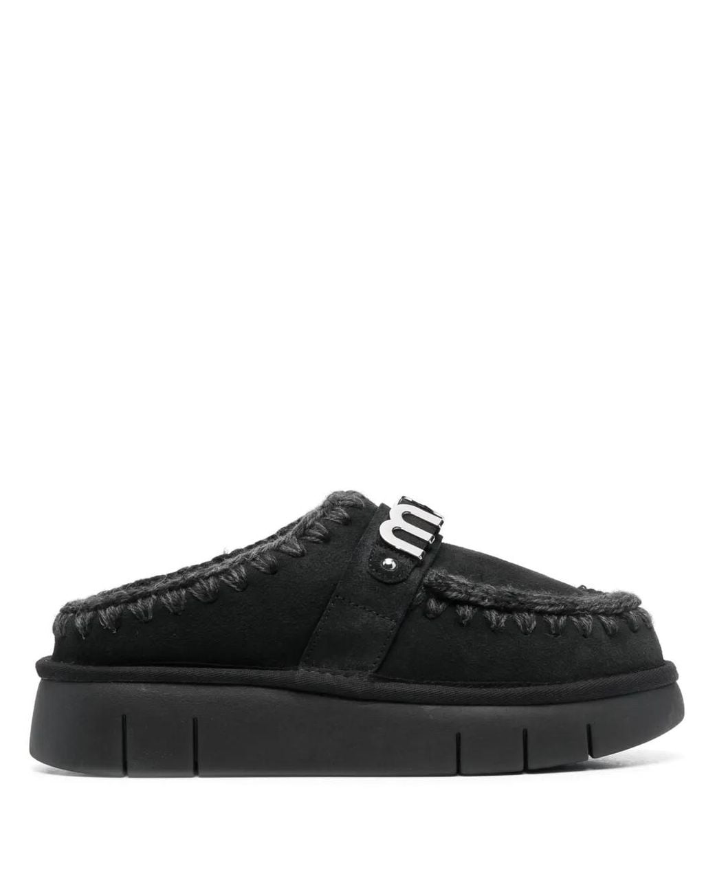 Mou Black Logo-Lettering Suede Slippers