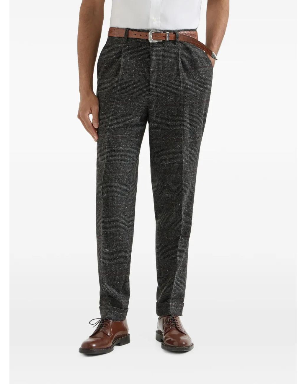 Brunello Cucinelli Black Silk, Wool And Cashmere Prince Of Wales Flannel Trousers With Pleat for men